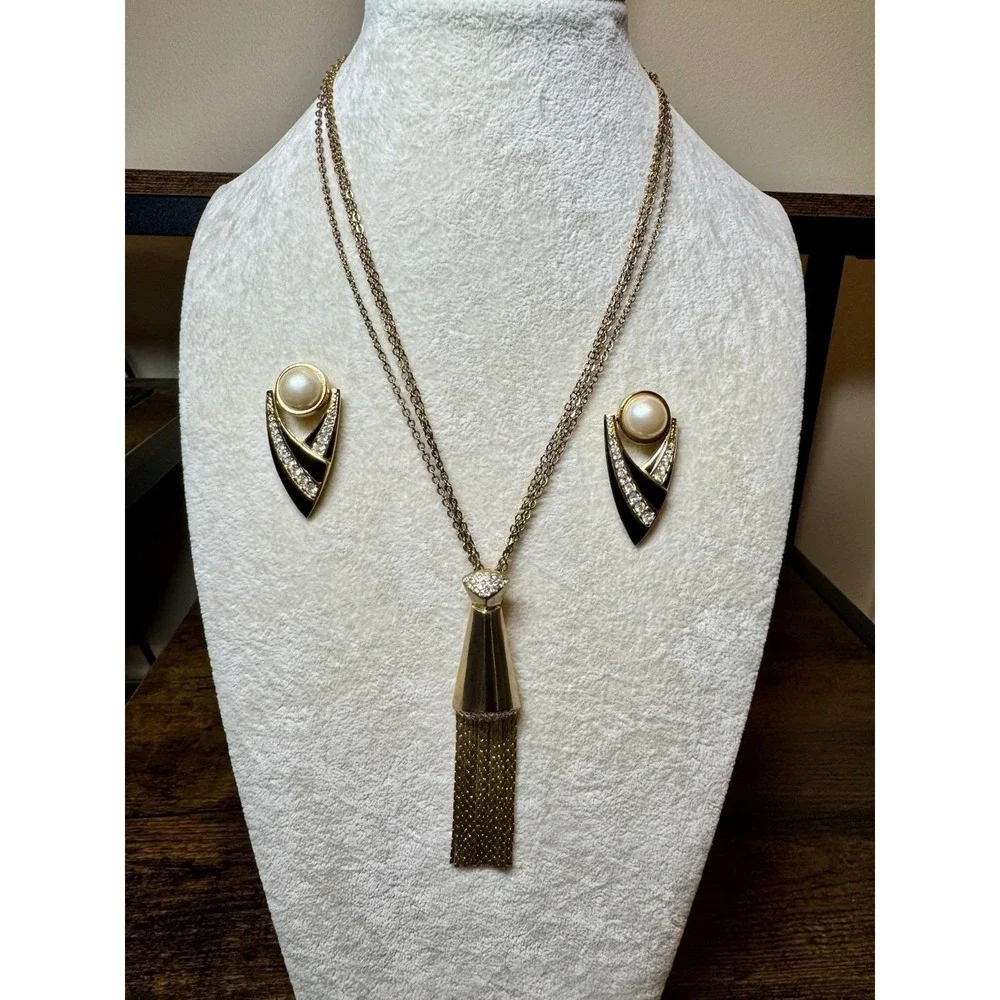 VTG Gold Tone Tassel Rhinestone Black Enamel‎ Necklace Earrings Bracelet Set 80s